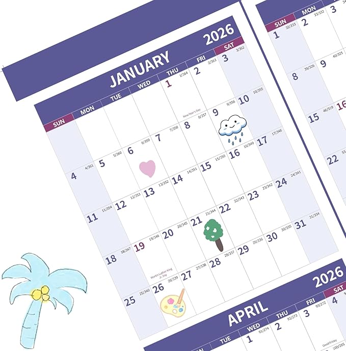 2026 Wall Calendar 34.8" x 22.8" Large Vertical Yearly Wall Hanging Calenda with Julian Date Thick Paper Calendar 12 Month Annual Wall Planner for Wall Office Fridge(Purple)