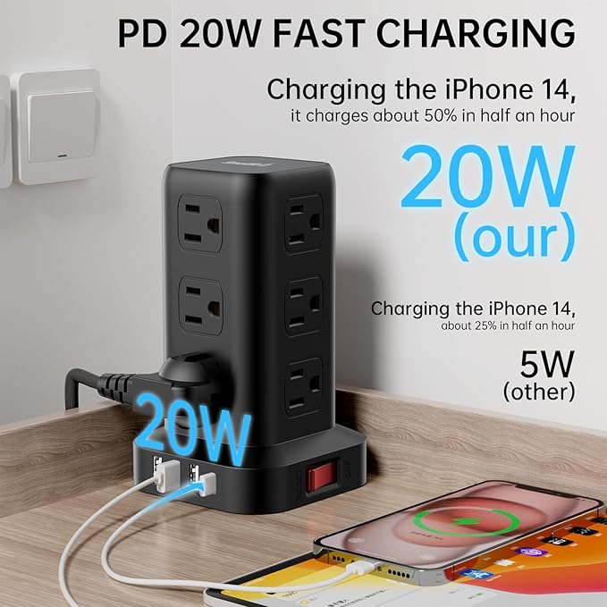 PD 20W USB C Surge Protector, Mini Power Strip Tower Travel 12 AC 4 USB Power Strip with USB Ports 10FT Overload Protection for Home Office
