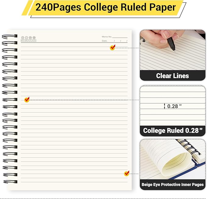 EUSOAR Spiral Notebook, 1 Pack A4 8.3"x11.2" Hardcover College Ruled Lined Journal, 240 Pages(120 Sheets) Writing Pads Professional Notebook for DIY Note Taking School Business Work Office Diary
