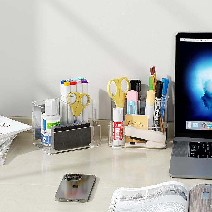 Marbrasse Acrylic Magnetic Pen Holder, 2 Pack Dry Erase Marker Holder, Magnetic Whiteboard Pencil Holders for Refrigerator, Locker, School and Office,Clear