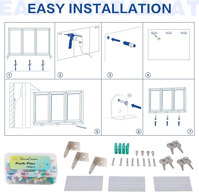 SWANCROWN Weather Resistant Enclosed Bulletin Board Gray Fabric Displays Boards Wall Mounted Notice Cabinet with Three Locking Doors, 70x36 inches