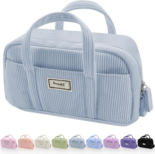Sooez Large Pencil Case Pouch, Extra Big Pencil Bag with 5 Compartments, Pen Bag Wide Opening, Soft Corduroy Pencil Pouch Organizer with Zipper, Cute Aesthetic School Supplies for Teen Girls-Blue