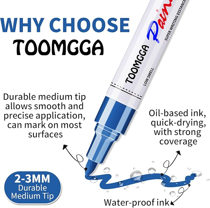 Permanent Paint Pens Blue Paint Markers 2 Pack Oil Based Markers, Quick Drying and Waterproof Marker Pen, Car Tire, Metal, Rock Painting, Wood, Plastic, Canvas, Craft Supplies for Adults