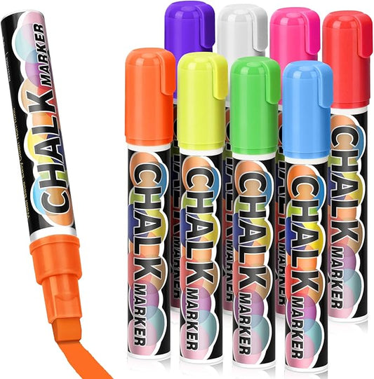Car Window Markers for Glass Washable –10mm Liquid Chalk Car Paint Pen Wet Erasable, 8 Neon Chalk Markers for Big Chalkboard, Blackboard, Bistro, Glass, Mirrors, Auto Windshield