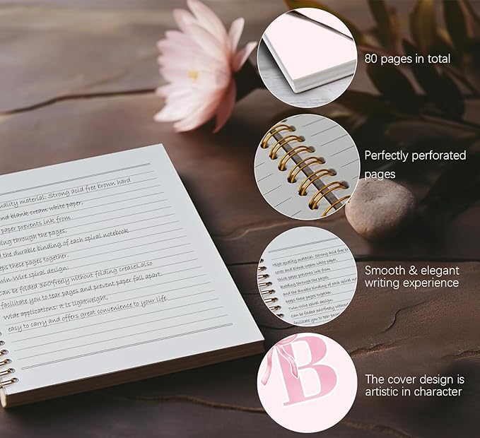 Coquette Trendy Preppy Pink Bow Spiral Notebook,Initial B Journal Personalized Teen Girl Gifts,Monogrammed Gifts for Women Teen Girl,College Ruled Hardcover Spiral Notebook 5.5 x 8.3