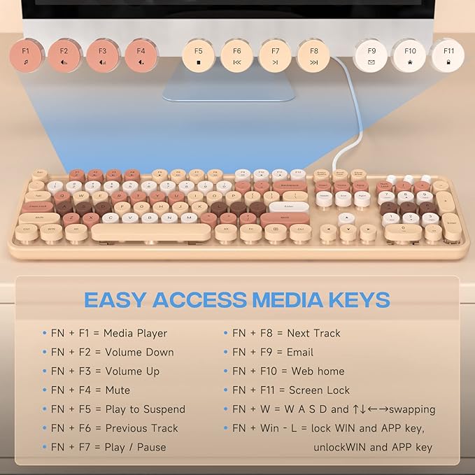 Computer Wired Keyboard, Plug Play USB Full-Size Keyboard with Large Number Pad, Caps Indicators, Foldable Stands, for Windows 7/8/10 PC Laptop (Milk Tea Colorful)