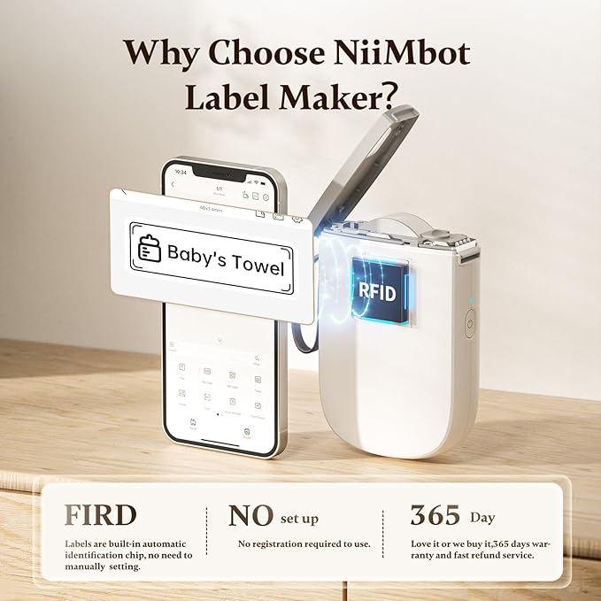 NIIMBOT Label Maker with Tape D11 0.5 Inch Bluetooth 300 DPI Portable Label Printer Rechargeable White