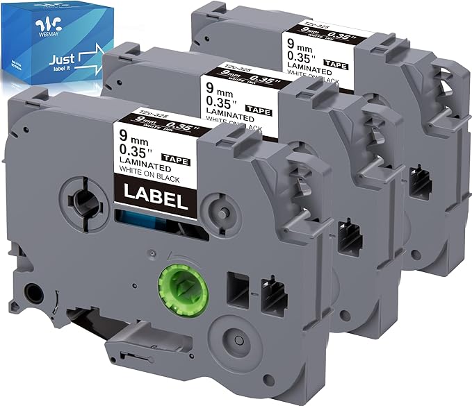 Weemay 3 Pack TZe-325 Compatible for Brother P-Touch Label Tape 9mm 0.35 White on Black TZe TZ Tape TZ-325 TZ325 TZe325 3/8 Label for PTouch PTD210 PTD220 PTH110BP PTD410 PTD600 Printer