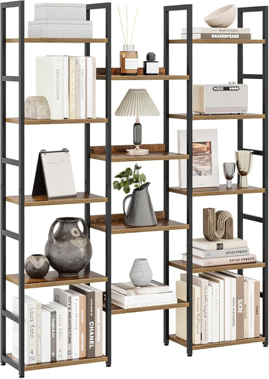 OTK Triple Column 5 Tier Bookshelf, Large Bookcase with 14 Open Display Shelves, Adjustable Industrial Book Shelf with Baffles, Wide Bookshelves for Bedroom, Living Room and Home Office, Rustic Brown