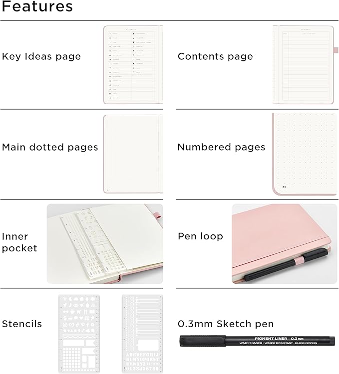 &And Per Se Bullet Dotted Journal Notebook, A5 Leather Hardcover, 176 Numbered Pages 100GSM Thick Dotted Paper, 2 Sheets of Stencils Included - 5.7'' x 8'' (Pink)
