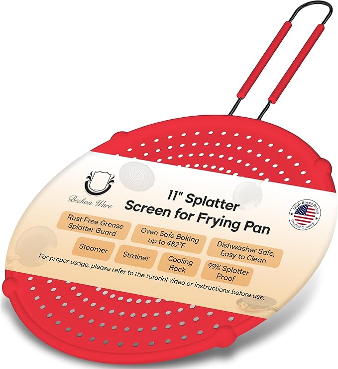 Frying Pan Splatter Screen | USA Brand | 11 Inch Red, Fit Pans (6" to 11") Silicone Grease Splatter Guard for Frying Pan and Stove by Beckon Ware
