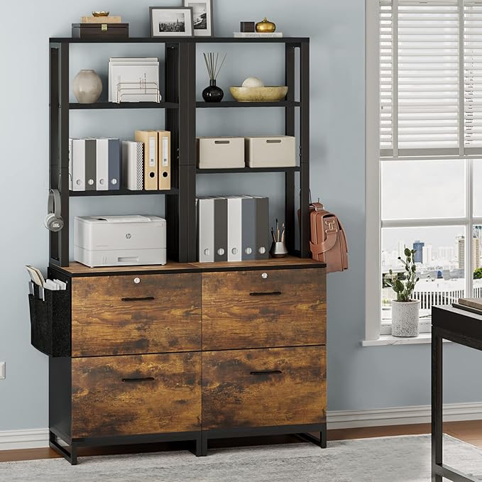Itaar 2 Drawer File Cabinet with Lock, Fits Letter, Legal, A4 Size, Hanging File Folders, Adjustable Storage Shelf and Hook, Rustic Brown