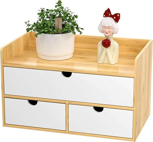 Wisuce Desk Organizer with Drawers - Bamboo Desktop Organizer Storage | Natural-White Wood Desk Drawers Organizer for Bills, Office Supplies, Cosmetics, Seals No Assembly Required
