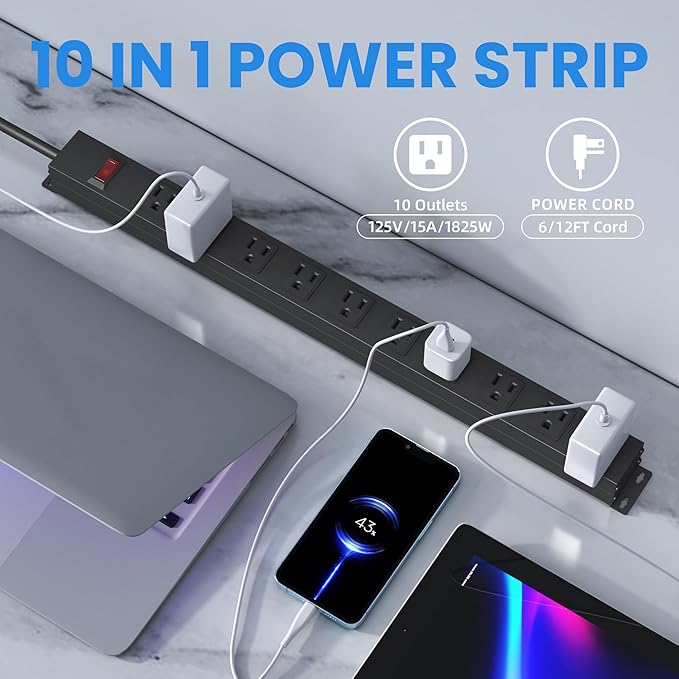 10 Outlet Metal Power Strip with 12Ft/125V/15A Long Extension Cord Black Heavy Duty Power Strip for Kitchen,Office,School,Commercial,Workshop,Industrial,ETL Certified and Listed,Black(12FT)
