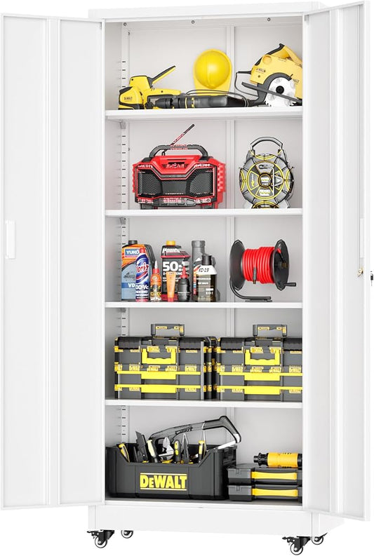 Greenvelly 73" Metal Storage Cabinet with Wheel and Pegboard, Lockable White Metal Garage Cabinets with 2 Doors and 4 Adjustable Shelves, Rolling Steel Tool Cabinet for Garage, Home Office, School
