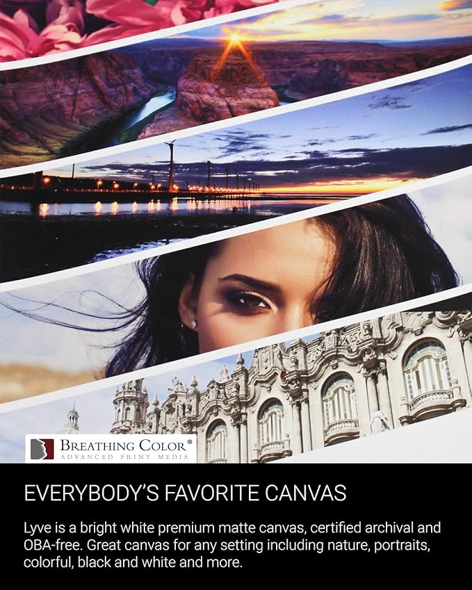 Premium Lyve Matte Canvas Paper Perfect For Use on Professional Makes and Models of Epson, Canon and HP printers preferred by Professionals. 19 mil textured Canvas offered in a 17 inch by 10 ft roll