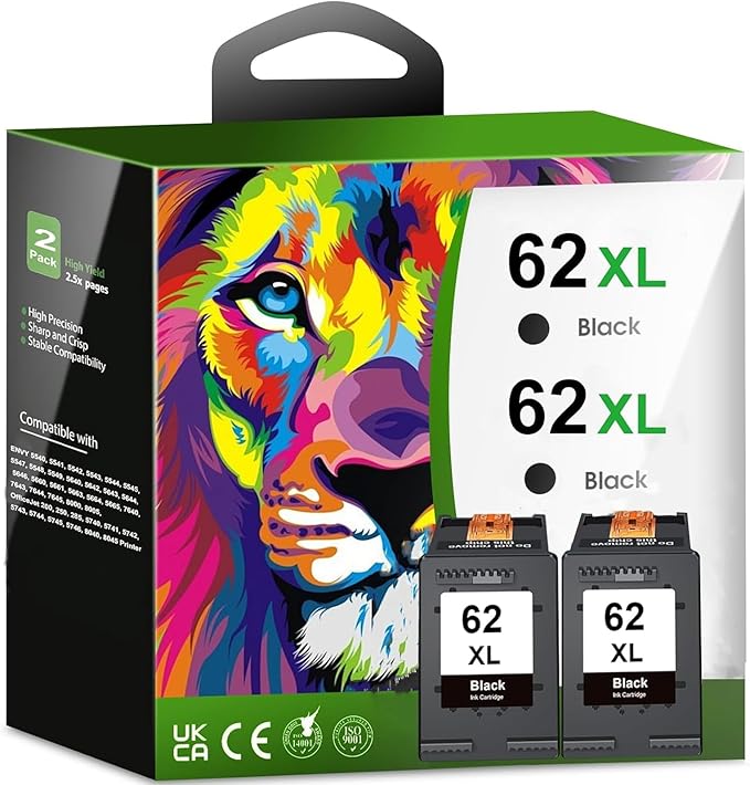 Printer Ink 62 XL 62XL Envy 7645 Black for HP 62 XL Ink Cartridge HP Ink 62 62XL Ink Cartridges Black HP62 HP62BK with Envy 5540 5544 5545 5642 5660 5664 7640 7645, OfficeJet 200 250 258
