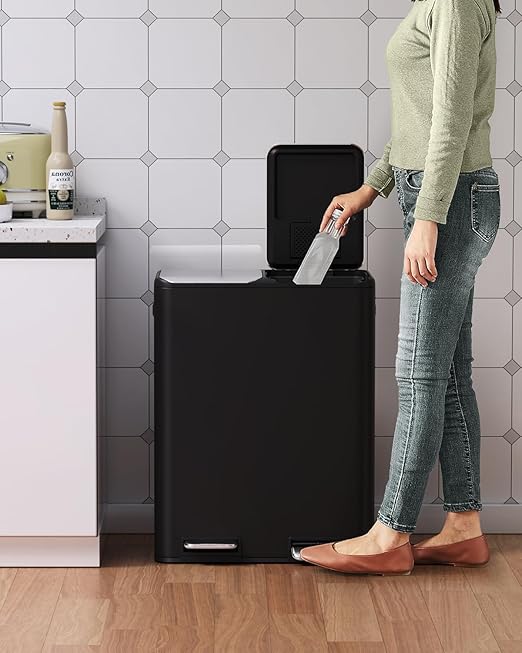 Arlopu 16Gal Dual Trash Can w/2 Built-in Box for Odor Control, Hands-Free Kitchen Garbage Bin, Recycle Waste Dustbin, Soft-Close Lid, 2 Buckets,Foot Pedal, Side Handle, Airtight,for Home Office