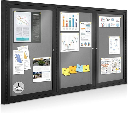Enclosed Bulletin Board Outdoor Noticeboard with Locking Door, Weather-Resistant, Grey Felt, Black Aluminum Frame, 70 x 36 in