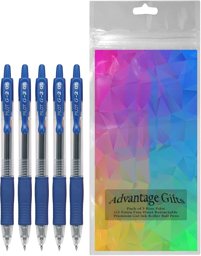 G2 Retractable Premium Gel Ink Roller Ball Pens Extra Fine Point (.5mm) Blue Ink 5 pack; Refillable & Premium Comfort Grip Bundle with Plastic Reusable Pouch