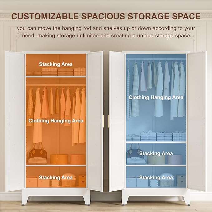 71" Tall Metal Wardrobe Closet with Adjustable Shelves and Hanging Rod, 2 Doors Free Standing Armoire Wardrobe Cabinet for Bedroom, Office, Laundry Room, White