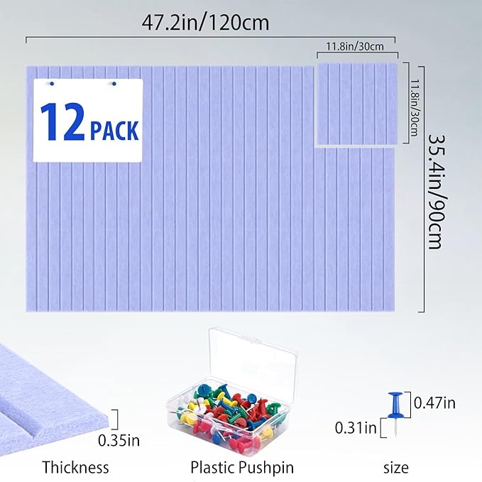 Cork Boards for Walls 48" x 36" Felt Board Alternative, 12 Pack Felt Wall Tiles Bulletin Board, Large Cork Board for Office Pin Board Tack Board Cork Boards