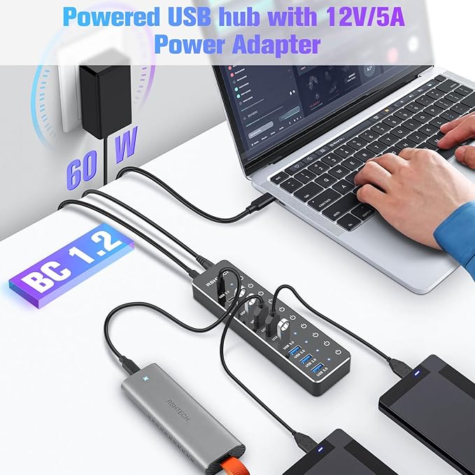 Powered USB Hub, RSHTECH 10-Port USB 3.2/USB C Hub 60W with 10Gbps USB-A 3.2, 2 USB-C 3.2, 7 USB 3.0 Ports, Individual Touch Switches and 3.3ft Cable, Hybrid USB Splitter for Laptop/PC, RSH-ST10C