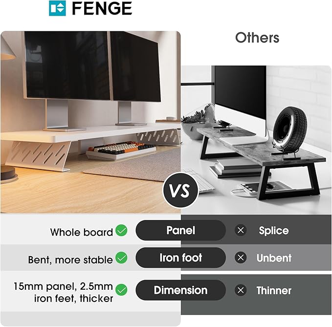 Fenge Dual Monitor Stand Riser, 42.5 Inch Desk Top Shelf for 2 Monitors, Computer Stands for Desk, Wood & Steel Desktop Riser for Laptop, PC, Printer