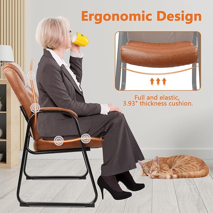 CLATINA Big & Tall 500 lb. Guest Chair, PU Leather Office Reception Chairs with Sled Base, Desk Chair No Wheels for Waiting Room Conference Lobby Computer Living Room, Brown, 4 Pack