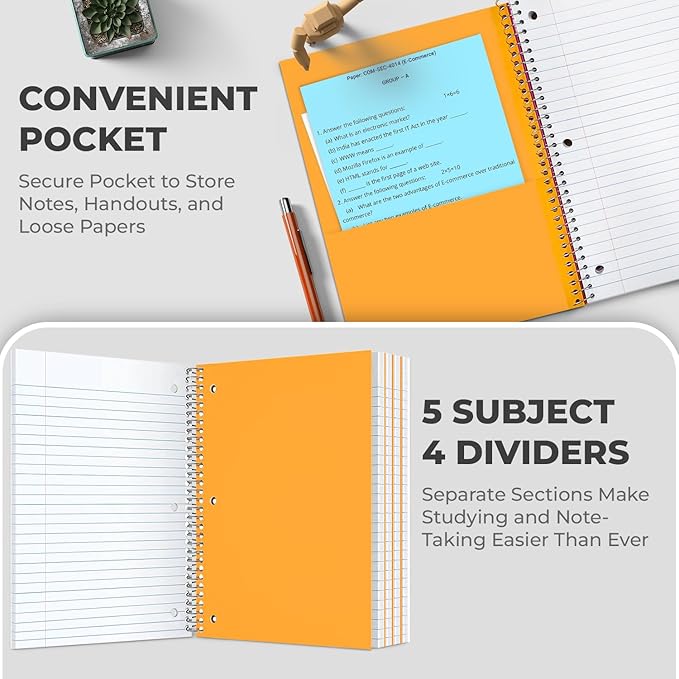 Bulk Spiral Notebook 24 Pack, 5 Subject, 300 Pages/Book (150 Sheets), 8 x 10-1/2, College Ruled, School & Office Spiral Notebooks, Back to School Notebook Journal, Soft Cover, Assorted Colors