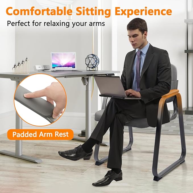 CLATINA Waiting Room Guest Chair with Bonded Leather Padded Arm Rest for Office Reception and Conference Desk Black with Sled Base Grey 1Pack