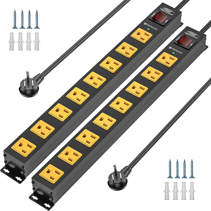 CRST 2 Pack 8 Outlet Metal Heavy Duty Power Strip with Switch, 2100J Surge Protector, Mountable Wide Spaced Workshop Garage Power Strip, 6 FT 14AWG, 15A/1875W