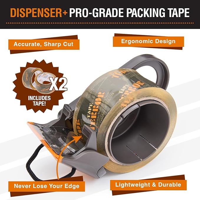 Clear Packing Tape with Dispenser (1 Roll) - Professional Grade for Boxes - Packaging, Shipping with Refillable Dispenser, Fits Standard Bulk Tapes Up to 2" Wide