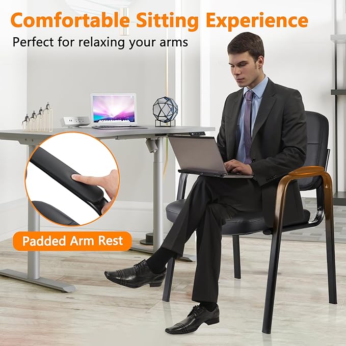 CLATINA Waiting Room Guest Chair with Bonded Leather Padded Arm Rest for Office Reception and Conference Desk Black 4 Pack