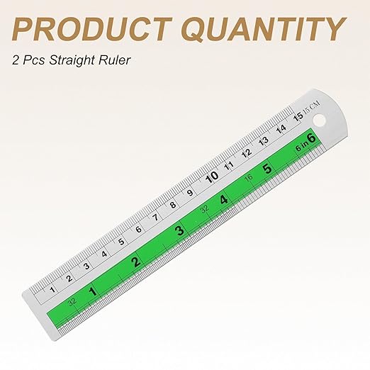 HARFINGTON 2pcs Metal Straight Ruler 15cm Metric SAE Aluminum Alloy Measuring Rulers Scale Tool with Hole for Measure Study Reading Classroom Office, Green