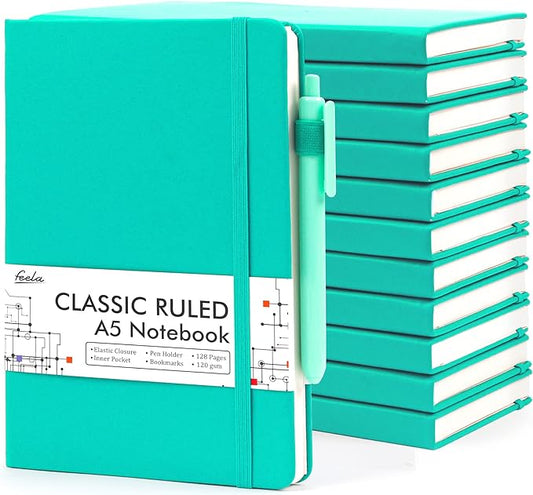 feela 12 Pack Notebooks Journals Bulk, Hardcover Notebook Classic Ruled Lined Journals with Pen Holder for Women Girls School Business Supplies, with 12 Black Pens, 120 GSM, 5.1”x8.3”, A5, Aqua