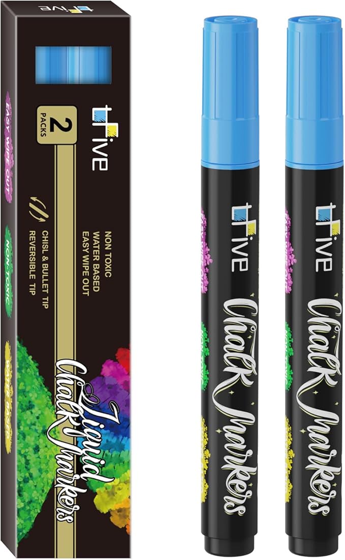 TFIVE Blue Liquid Chalk Markers - 2 Pack Bright Colors Erasable Chalk Marker Pens, Reversible Tip, Non-Toxic, for Chalkboards, Signs, Glass, Easy to use Chalk markers TF800