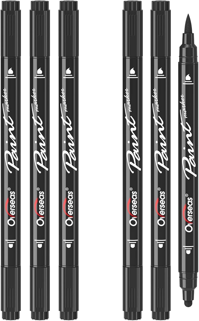Overseas Black Acrylic Paint Markers, 6 Pack Dual Tip Paint Pens Acrylic Markers - Dot and Brush Tip Coloring Marker for Wood, Rock, Canvas, Glass, Metal, Plastic, Rubber, Fabric, School Supplies