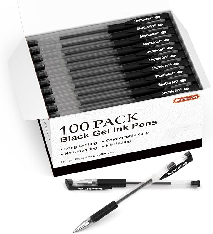 Shuttle Art Black Gel Pens, 100 Pack Fine Point Black Ink Pens Bulk, 0.5mm Rollerball Gel Ink Pens Smooth Writing with Comfortable Grip for Office, School and Home