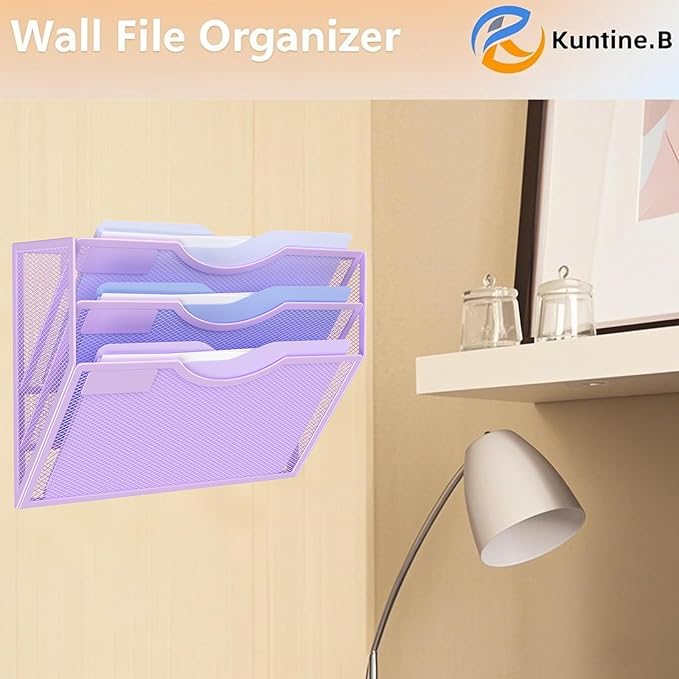 Kuntine.B 3 Pocket Wall File Holder Organizer Office Hanging Magazine Holder Wall File Organizer for Office Home (Purple, 3 Tier)