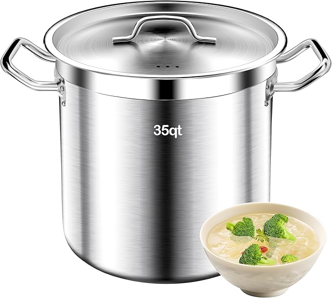 Large Cooking Pot, 35 Quart Heavy Duty Induction Soup Pot With Stainless Steel Lid Commercial Grade Stock Pot for Soup, Stew, Canning, Even Heat Distribution