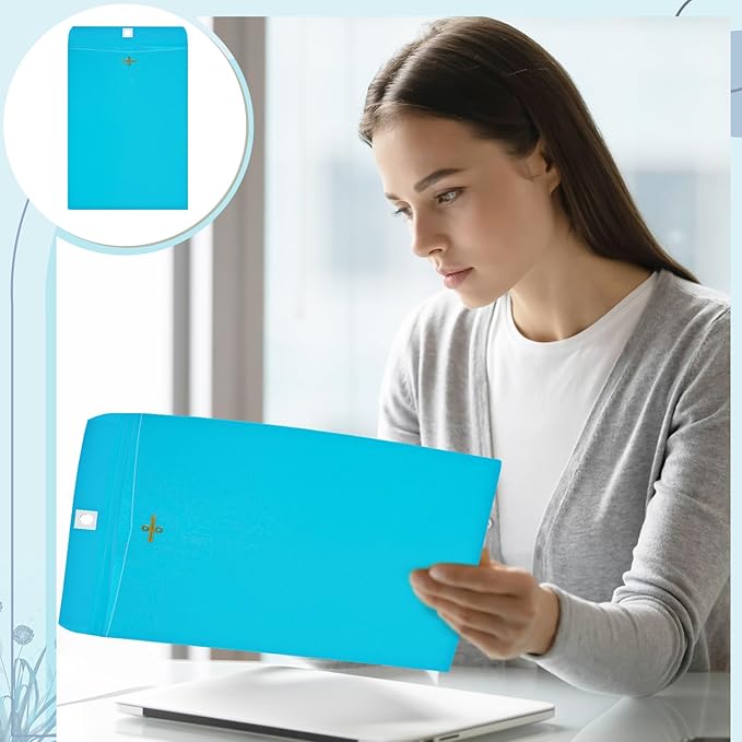 Geyee 100 Pcs Clasp Manilla Envelopes 10 x 13 Inch Gummed Colored Envelopes for Storing or Mailing for Home Office Business Supplies(Lake Blue)