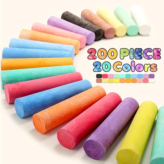 200PCS Washable Sidewalk Chalks Set in 20 Colors: Jumbo Drawing Chalk for Kids Outdoor Art, Non-Toxic Dustless Colored Giant Box Chalkboard Chalk for Toddler Painting on Blackboard, Playground, Party