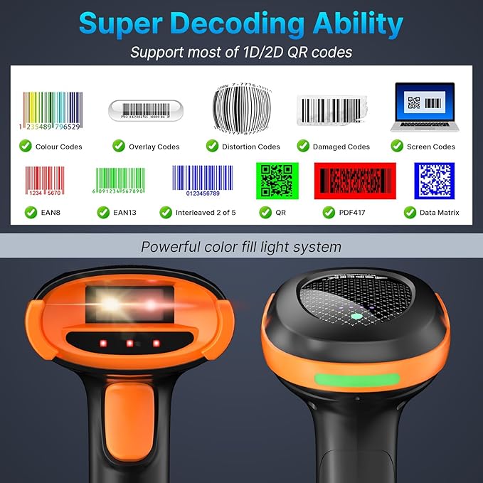 AGPTEK Bluetooth & 2.4GHz Wireless Barcode Scanner with Patented Color Light Technology for Color Barcodes, 2D/1D QR Code Reader, Customizable Settings & Wireless Charging Cradle