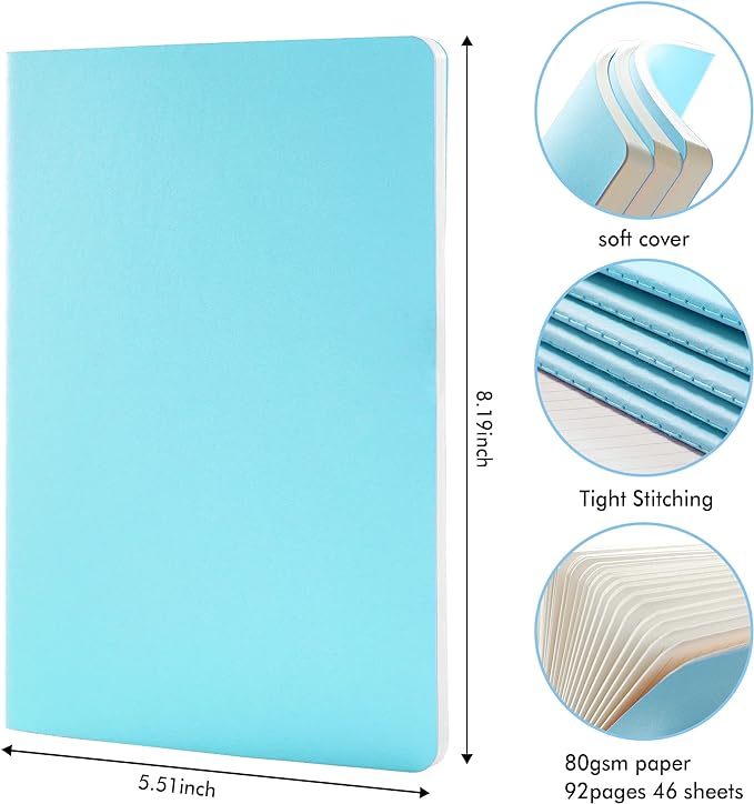 8 Pack Soft Cover Journal Bulk, Feela Notebooks College Ruled for Work, Lined Travel Journal for Women Men, Note Taking Notebook School Supplies Business Writing, 8.2” x 5.5”, A5, Light Blue