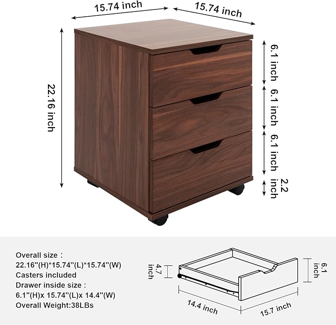 Farini 3-Drawer Vertical Filing Cabinet Rolling Wood Mobile File Cabinets Under Desk for Home Office with Casters (Brown Walnut, Non-Assembled)