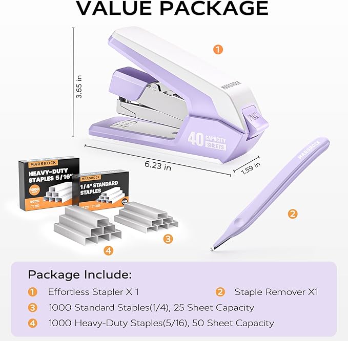 Effortless Stapler for Desk with 40-50 Sheet Capacity, 2000 Staples, 1-Touch Stapling, Ergonomic & Easy to Load Desktop Staplers, Heavy Duty Stapler, and Magnetic Staple Remover, Purple