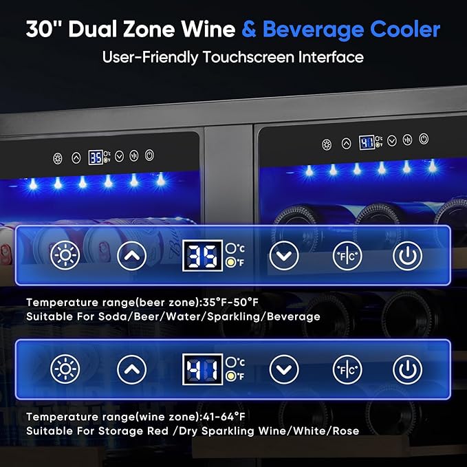 30" Stainless Steel Wine & Beverage Refrigerator - Dual Zone, Built-in/Freestanding with Upgraded Cooling - 30 Bottles & 110 Cans Capacity