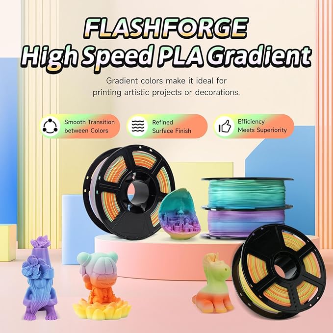 FLASHFORGE Rapid PLA Gradient Rainbow Summer Reverie Filament, Transform Colors Smoothly & Fast, High Flow Speedy 3D Printer Filament, Experience Exceptional Performance with 500mm/s Fast Printing