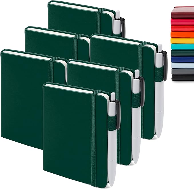 feela 6 Pack Pocket Mini Notebooks Bulk, Small Cute Memo Notepads Hardcover College Ruled Lined Journals with Pen Holder for School Business Work, with 6 Black Pens, 3.5”x 5.5”, A6, Dark Green